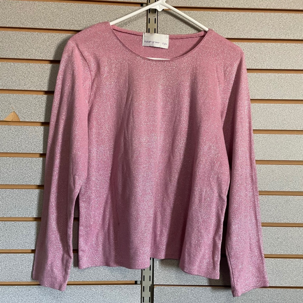 Susan Graver Style Womens‎ Pink Metallic Shimmer Long Sleeve Crew Neck Top M